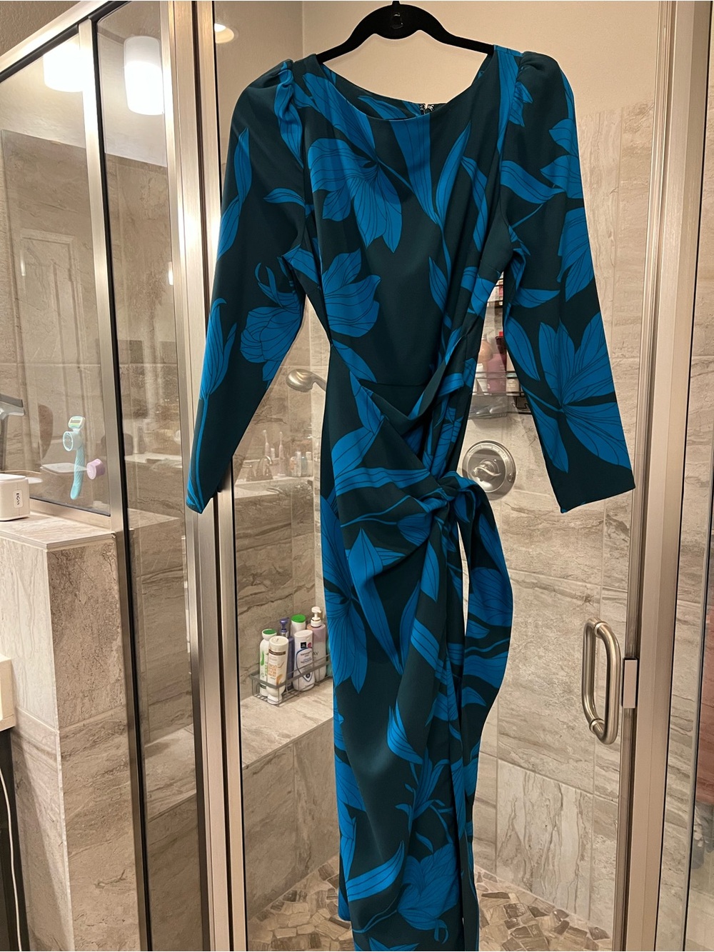 Ann Taylor Teal Dress with Bright Blue Floral Print, Long Sleeve
